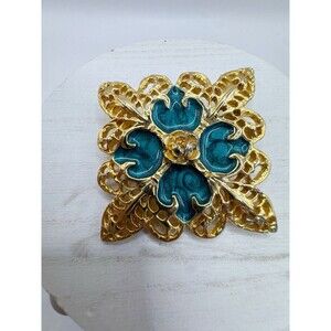 Vintage Open Filigree Large Square Brooch Turquoise Enamel Retro Old Money